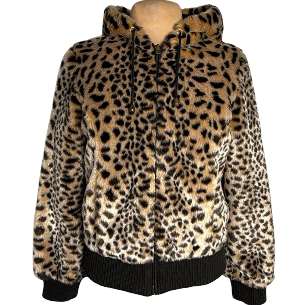 Vintage leopard print faux fur hooded bomber Jacket 90’s Y2K Size Medium - Picture 3 of 9